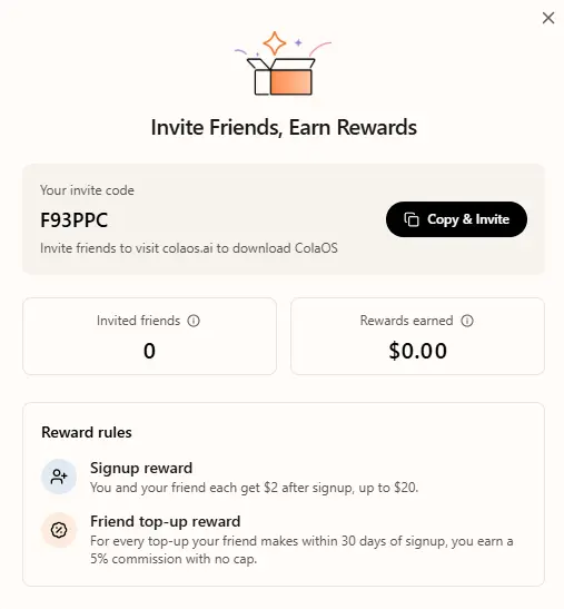ColaOS invite code sharing interface